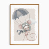Mouse nursery print featuring an aviator hat, goggles and striped scarf beneath a blue-grey parachute on beige.