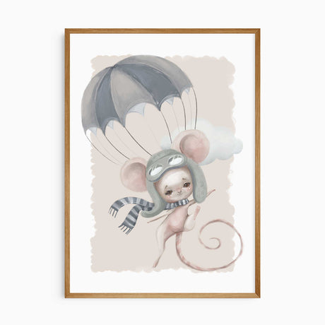 Mouse nursery print featuring an aviator hat, goggles and striped scarf beneath a blue-grey parachute on beige.
