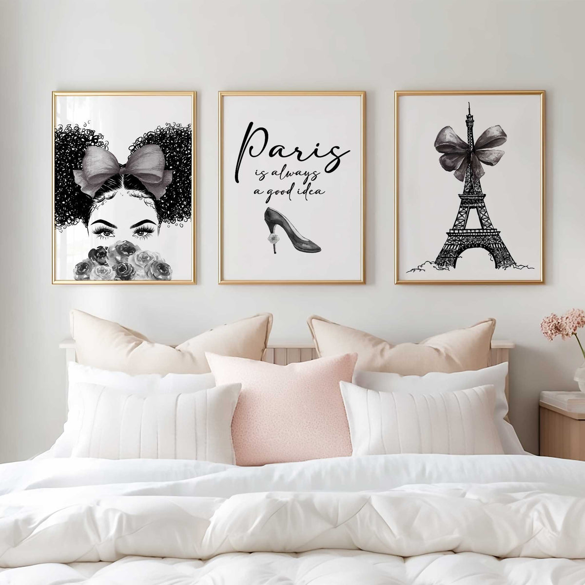 Paris wall art set of three with curly-haired girl and roses, a high heel fashion quote and Eiffel Tower with bow.