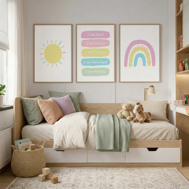 Set of three pastel prints featuring a yellow sun, rainbow and personalised positive affirmations for a girl's room.