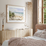 Pastel coastal ocean wall art with soft blue water and beach