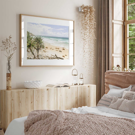 Pastel coastal ocean wall art with soft blue water and beach