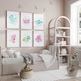 Ocean nursery wall art set featuring jellyfish, crab, shark, seahorse, turtle and octopus prints in soft pastel colours