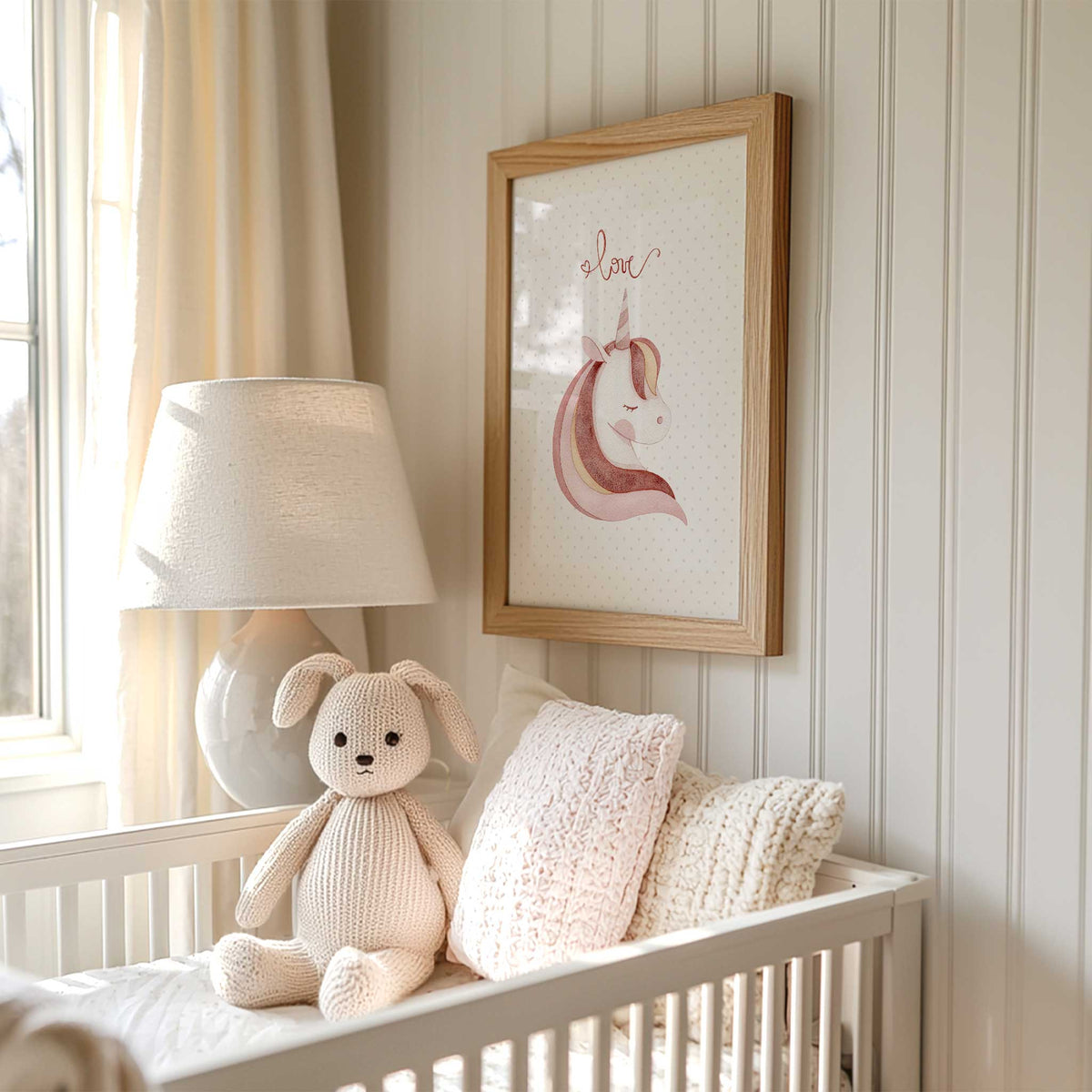 Pastel pink unicorn artwork with flowing mane and subtle neutral details designed for a girls bedroom or playroom