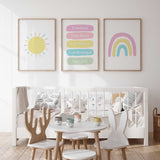 Pastel sun, personalised affirmation and rainbow prints 