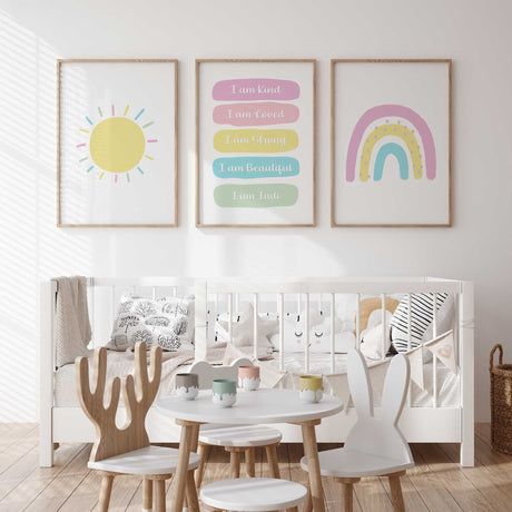 Pastel sun, personalised affirmation and rainbow prints 