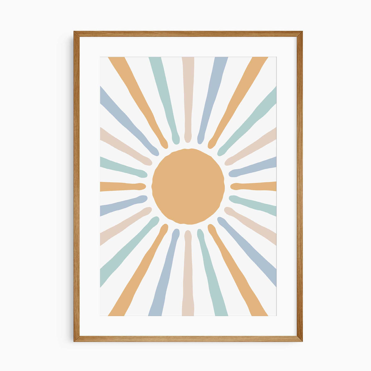Abstract sunburst print with a mustard yellow centre and alternating muted blue, mint green and beige rays.