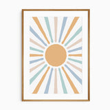 Abstract sunburst print with a mustard yellow centre and alternating muted blue, mint green and beige rays.