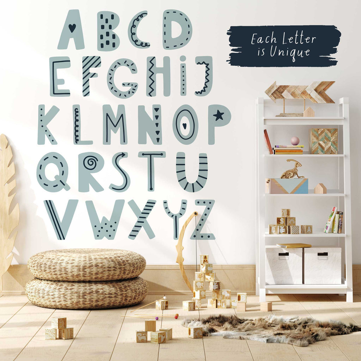 A to Z initial reference chart showing the different blue-green letter patterns used in the personalised name print.