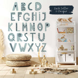 A to Z initial reference chart showing the different blue-green letter patterns used in the personalised name print.