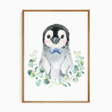 Watercolour penguin nursery print with blue bow tie and eucalyptus leaves for baby boy decor