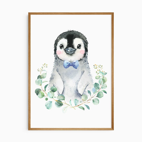 Watercolour penguin nursery print with blue bow tie and eucalyptus leaves for baby boy decor