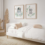Cute penguin nursery wall art with floral crown and soft greenery for baby room