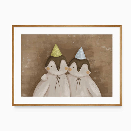 Neutral penguin nursery wall art print with party hats