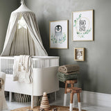 Penguin nursery wall art set with Dream Big Little One quote and eucalyptus greenery for baby room
