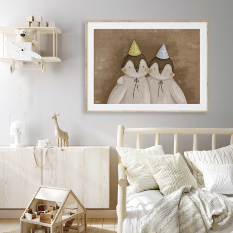 Penguin wall art print for a toddler bedroom in soft earthy tones