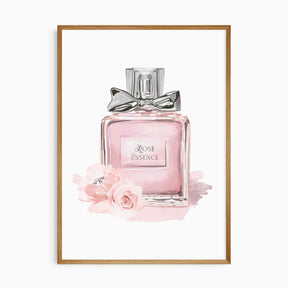 Watercolor-style pink perfume bottle wall art with floral accents, titled "Rosé Essence"