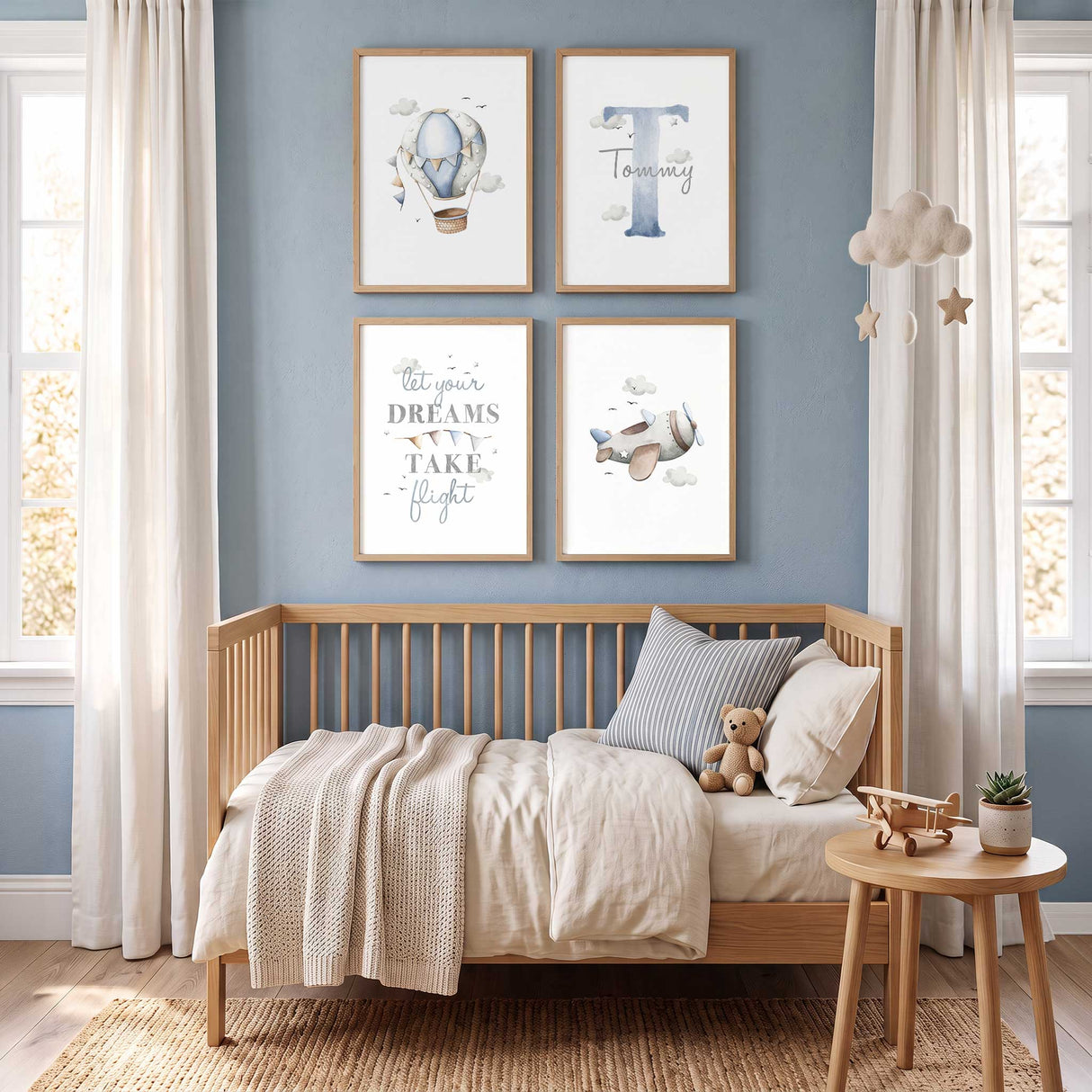 Set of four personalised aeroplane prints with a hot air balloon, custom name, travel quote and plane for a boy’s bedroom