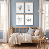 Set of four personalised aeroplane prints with a hot air balloon, custom name, travel quote and plane for a boy’s bedroom