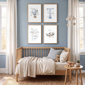 Set of four personalised aeroplane prints with a hot air balloon, custom name, travel quote and plane for a boy’s bedroom