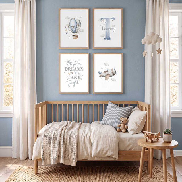 Set of four personalised aeroplane prints with a hot air balloon, custom name, travel quote and plane for a boy’s bedroom