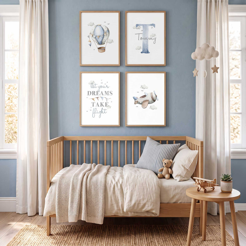 Set of four personalised aeroplane prints with a hot air balloon, custom name, travel quote and plane for a boy’s bedroom