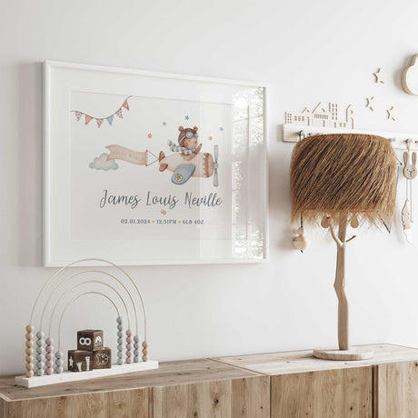 Personalised airplane birth print with watercolour bear pilot nursery wall art
