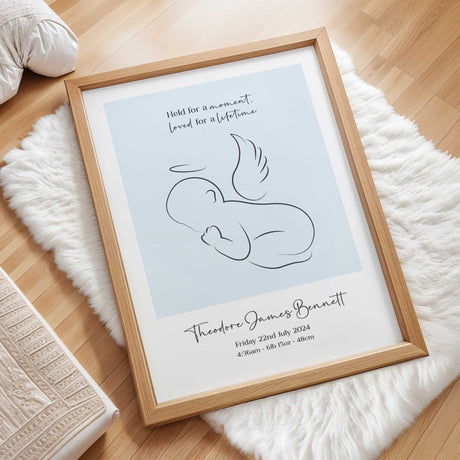 Personalised angel baby memorial print in soft blue with name birth details and remembrance quote