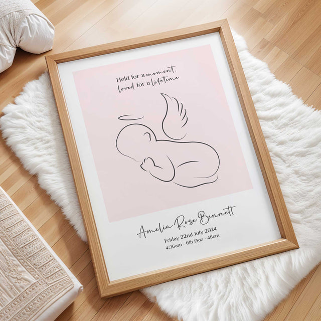 Personalised angel baby memorial print in soft blue with name birth details and remembrance quote