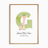 Personalised animal alphabet birth print with custom initial, matching animal and birth details
