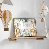 Personalised animal birth print featuring safari animals with name, date of birth and baby details