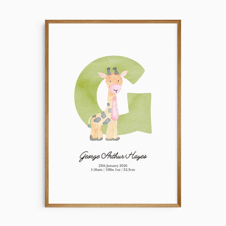 Personalised animal initial print featuring a green letter G, watercolour giraffe, child’s name and optional birth details