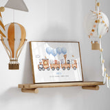 Personalised nursery print featuring a wooden train with cute safari animals, blue name balloons spelling babys name and custom birth details underneath.