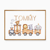 Personalised animal train print with the name above a wooden-style train carrying a giraffe, lion, hippo and elephant.