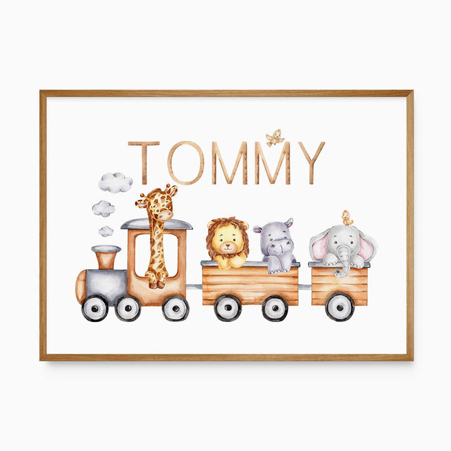 Personalised animal train print with the name above a wooden-style train carrying a giraffe, lion, hippo and elephant.