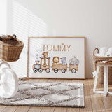 Personalised animal train nursery wall art with safari animals and child’s name