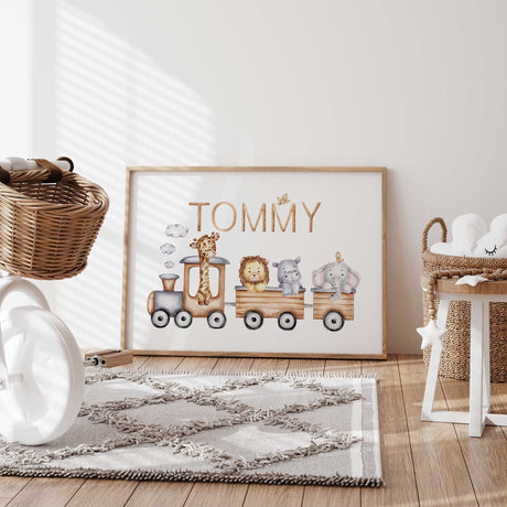Personalised animal train nursery wall art with safari animals and child’s name