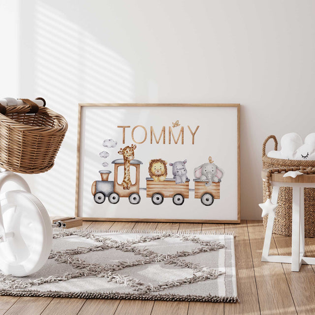 Personalised animal train nursery wall art with safari animals and child’s name