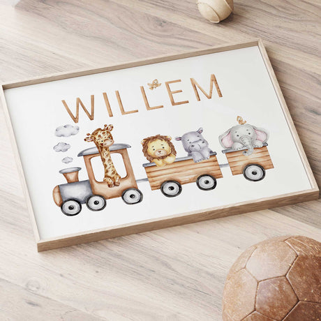 Personalised animal train print showing name above a giraffe, lion, hippo and elephant in wooden-style carriages.
