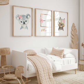 girls floral animal decor for nursery or girls room decor with an iconic Koala and Wombat prints