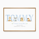 Personalised Australian animal birth print with blue name lettering, native animals, birth date, weight and length
