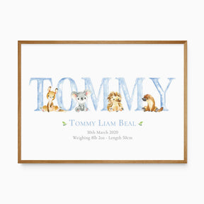 Personalised Australian animal birth print with blue name lettering, native animals, birth date, weight and length