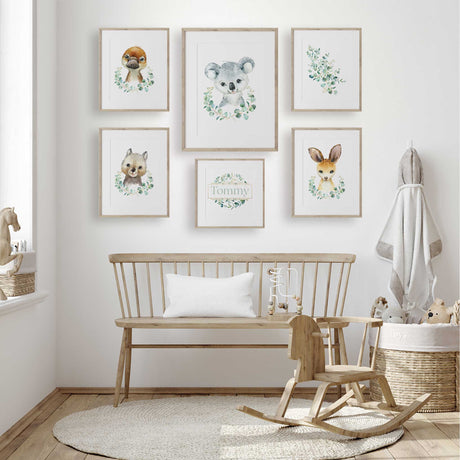 Personalised Australian animal nursery print set with koala wombat kangaroo platypus eucalyptus and name print