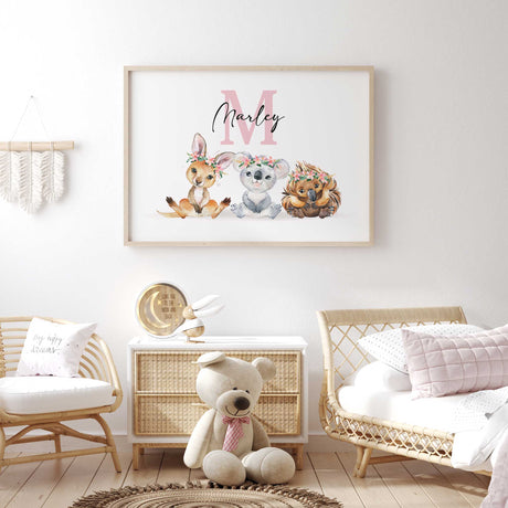 Personalised Australian animals wall art for girls with kangaroo koala and echidna