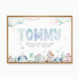 Personalised baby boy birth print with name and birth details featuring blue houses mountains clouds and stars for nursery wall art
