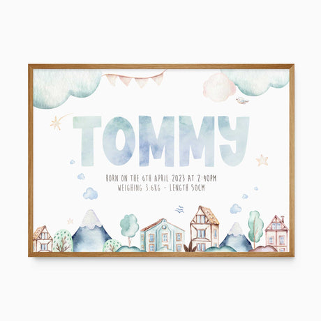 Personalised baby boy birth print with name and birth details featuring blue houses mountains clouds and stars for nursery wall art