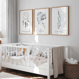 Personalised baby boy nursery wall art in blue grey and neutral tones with name and feather artwork