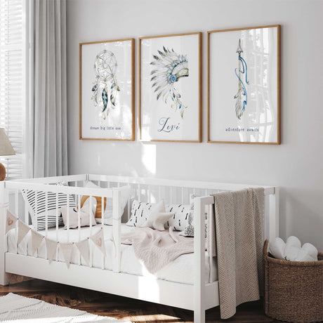 Personalised baby boy nursery wall art in blue grey and neutral tones with name and feather artwork
