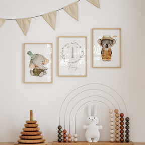 Personalised nursery prints set of three featuring a koala and elephant with custom name