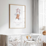 Personalised baby girl birth details print with teddy bear on swing holding pink star balloon and custom name date time and weight nursery wall art